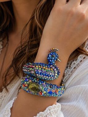 Cecile Melli  Multicolor Crystal Rhinestone Peacock Cuff Statement Bracelet